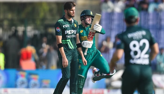 Matthew Breetzke (R) collides into Shaheen Shah Afridi during the Tri-Nation clash in Karachi on February 12, 2025. — PCB