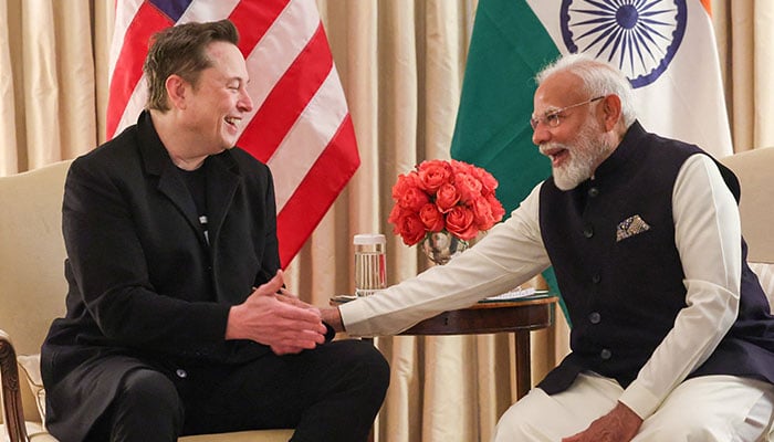 Elon Musk meets Indian Prime Minister Narendra Modi, in Washington, D.C., US, February 13, 2025, in this picture obtained from social media.X@narendramodi. — Reuters