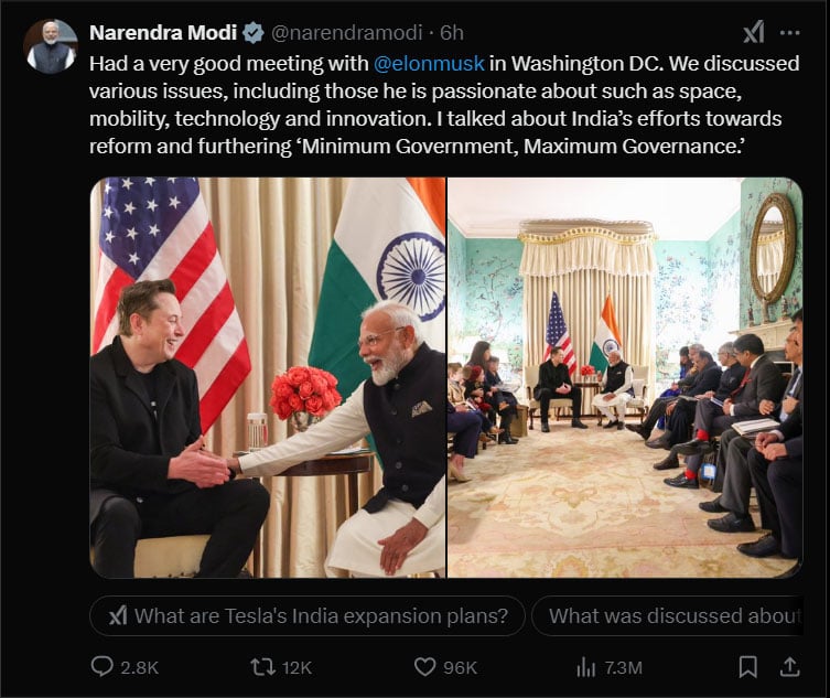 Modi and Musk discuss space, mobility, and innovation in Washington