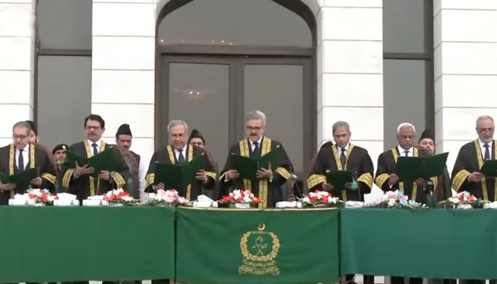 Newly appointed judges take oath at Supreme Court, Islamabad on February 14, 2025, in this still taken from a video. — YouTube/GeoNewsLive