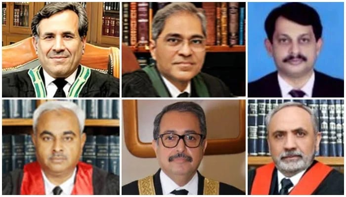 (Clockwise from top left) Justice Muhammad Hashim Khan Kakar, Justice Muhammad Shafi Siddiqui, Justice Salahuddin Panhwar, Justice Ishtiaq Ibrahim, Justice Aamer Farooq and Justice Shakeel Ahmad. — BHC/LHC/SHC/IHC/File