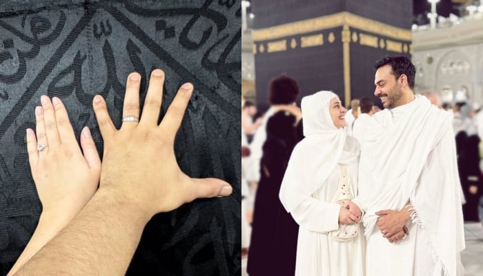 A picture collage showing Pakistani actors Kubra Khan and Gohar Rasheed during Umrah after their Nikah. — Instagram@thekubism