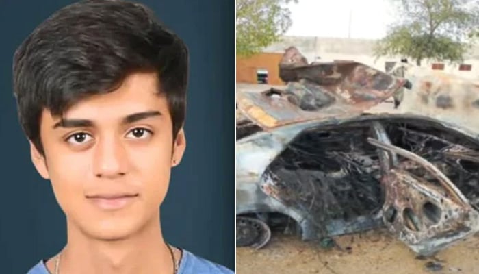 This collage shows missing student Mustafa Amir (left) and a torched vehicle from which his body was recovered. — Facebook@Saba Butt/File/Screengrab/Geo News