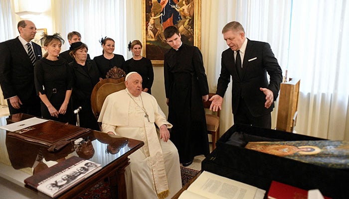 Slovakias Prime Minister Robert Fico speaks during a meeting with Pope Francis at the Vatican, February 14, 2025. — Reuters