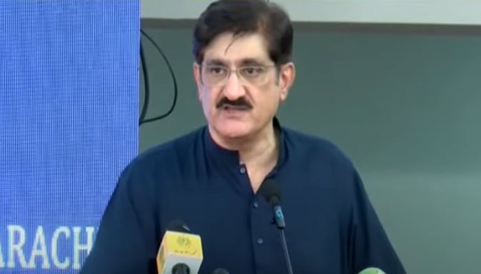 Sindh Chief Minister Murad Ali Shah addresses  inauguration of the newly modernised Model Police Station on Sharea Faisal on February 14, 2025, in this still taken from a video. — YouTube/GeoNewsLive