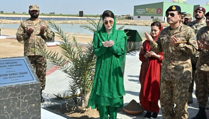 COAS General Asim Munir (right) pictured alongside Punjab CM Maryam Nawaz during the launching ceremony of the Green Pakistan Initiative in Cholistan on February 15, 2025. — Geo News