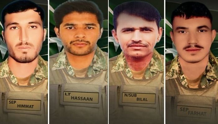 (From left to right) This collage shows martyred soldiers, including the Sepoy Himat Khan, Lieutenant Muhammad Hassaan Arshaf, the Subouche Naib Muhammad Bilal, the Sepoy Farhat and Ullah. - ISPR / File