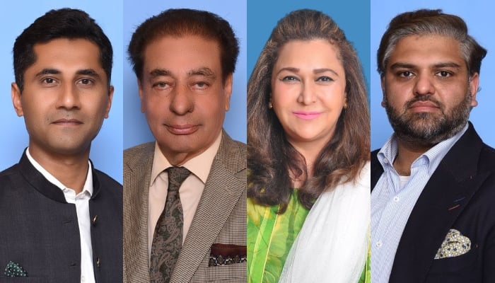 A combination of images of PTI lawmakers Miqdad Ali Khan, Riaz Fatyana, Zarqa Suharwardy and Zain Qureshi. — NA, Senate websites