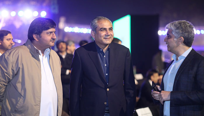 (From left to right): Punjab Assembly Speaker Malik Muhammad Ahmed Khan, Pakistan Cricket Board (PCB) Chairman Mohsin Naqvi and a guest during the opening ceremony of the Champions Trophy 2025 in Lahore on February 16, 2025. — @TheRealPCB