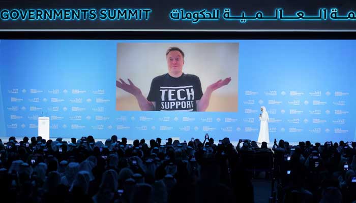 Tesla and SpaceX CEO Elon Musk and UAE Minister of State for Artificial Intelligence Omar Sultan Al Olama attend a plenary session titled Boring cities, AI, and DOGE at the World Government Summit, in Dubai, United Arab Emirates, February 13, 2025. — Reuters