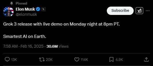 Smartest AI on Earth: Musk says chatbot Grok 3 will be unveiled today