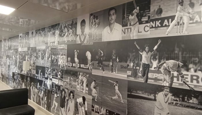 A view of photo wall set up at a cricket stadium ahead of ICC Champions Trophy 2025. — Reporter