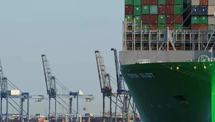 A container is moored next to the cranes to the largest container of Felixstowe in Felixstowe, August 22, 2022, August 22, 2022.