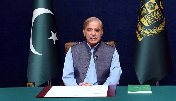 Prime Minister Shehbaz Sharif addresses the nation in this undated image. — PMs Office/File