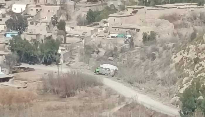 An aid truck, which came under fire while en route to en route to Kurram district, can be seen near the Ochit area of Lower Kurram on February 17, 2025. — Reporter