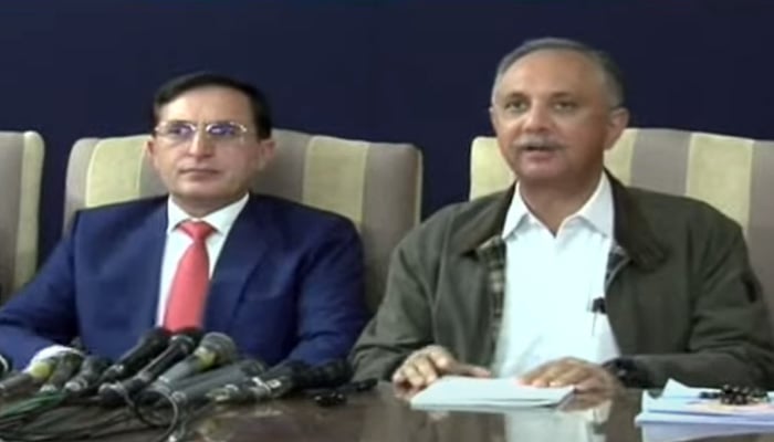 PTI Chairman Barrister Gohar Ali Khan (left) and Opposition Leader in the National Assembly Omar Ayub Khan addresses the press conference in Islamabad on February 17, 2025. — Screengrab via Geo News