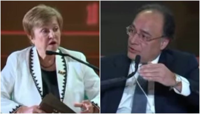 A collage showing IMF Managing Director Kristalina Georgieva (left) and Finance Minister Muhammad Aurangzeb during a panel discussion on second day of AlUla Conference 2025 on February 17, 2025. — Facebook@FinanceMinistryPK