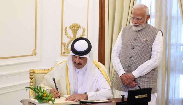 Prime Minister Narendra Modi welcomes Qatars Emir Sheikh Tamim bin Hamad Al-Thani at Hyderabad House in New Delhi on February 18, 2025. — X/@narendramodi