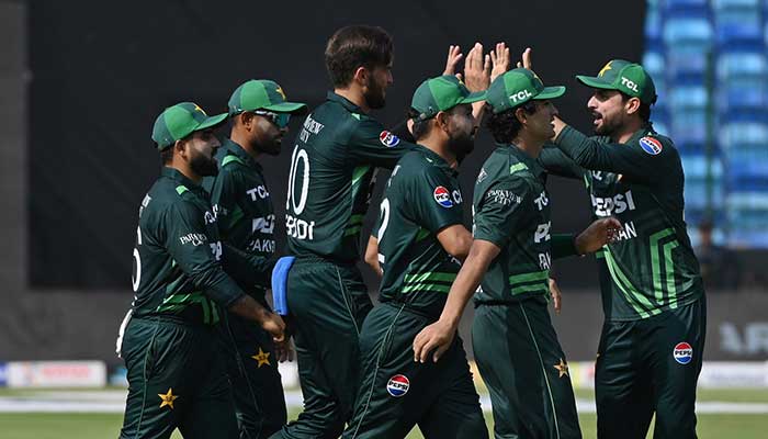 Pakistans Shaheen Shah Afridi (third from left) celebrates taking a wicket during the tri-nation ODI series match against South Africa at the National Bank Stadium in Karachi on February 12, 2025. — PCB