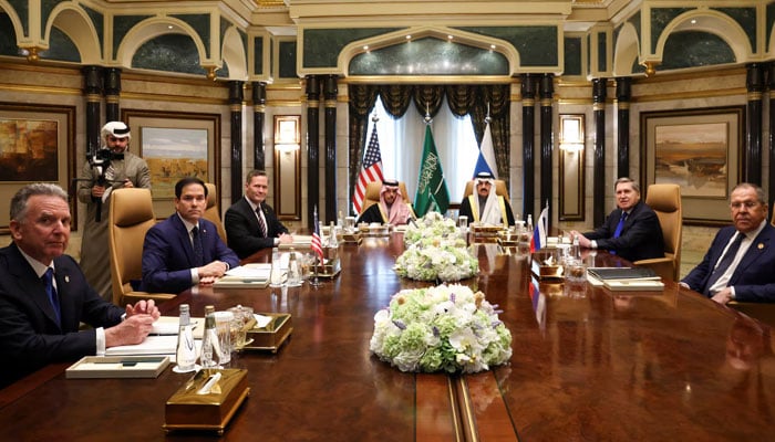 US Secretary of State Marco Rubio meets with Saudi Foreign Minister Prince Faisal bin Farhan Al Saud, Saudi National Security Advisor Mosaad bin Mohammad Al-Aiban, US National Security Advisor Mike Waltz, US Middle East envoy Steve Witkoff, Russian Foreign Minister Sergei Lavrov and Russian President Vladimir Putins foreign policy advisor Yuri Ushakov, at Diriyah Palace, in Riyadh, Saudi Arabia, February 18, 2025. — Reuters