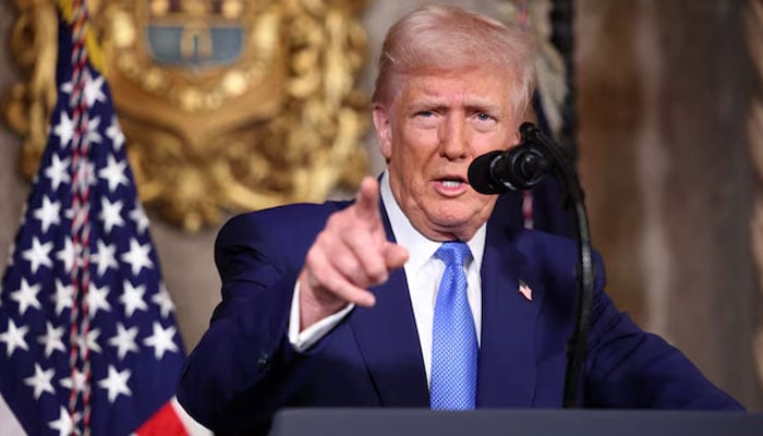 US President Donald Trump points as he speaks at Mar-a-Lago in Palm Beach, Florida, US, February 18, 2025. —  Reuters