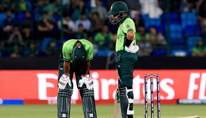 Pakistans Babar Azam and Fakhar Zaman during the match the first match of the ICC Champions Trophy 2025 at National Bank Stadium, Karachi, on February 19, 2025. — Reuters