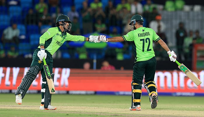 Pakistans Naseem Shah and Khushdil Shah during the match the first match of the ICC Champions Trophy 2025 at National Bank Stadium, Karachi, on February 19, 2025. — Reuters