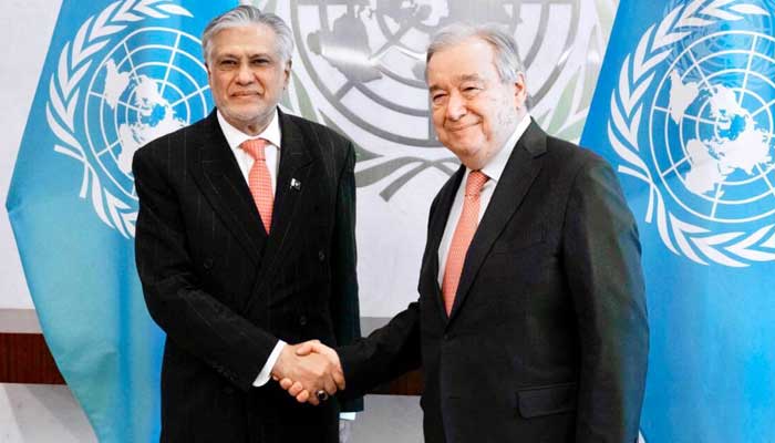 Deputy Prime Minister Ishaq Dar (left) holds a meeting with UN Secretary-General António Guterres in New York on February 19, 2025. — Foreign Office