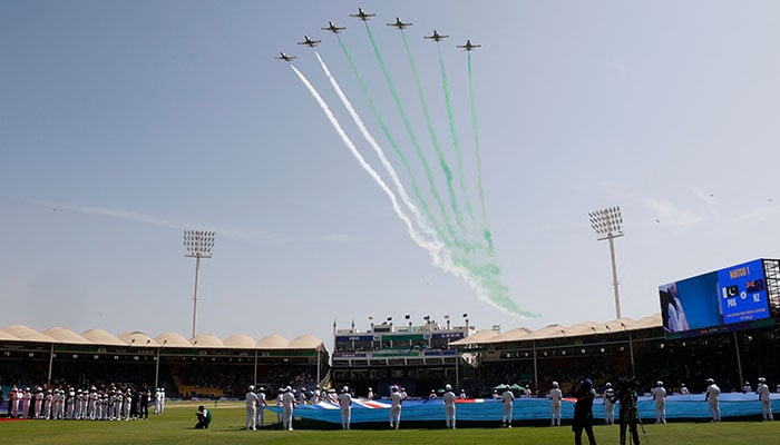 Pakistan Air Force aerobatic display team Sherdils perform before the Group A match between Pakistan and New Zealand at Karachi's National Stadium on February 19, 2025. — Reuters