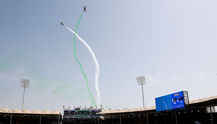 Pakistan Air Force aerobatic display team Sherdils perform before the Group A match between Pakistan and New Zealand at Karachi's National Stadium on February 19, 2025. — Reuters