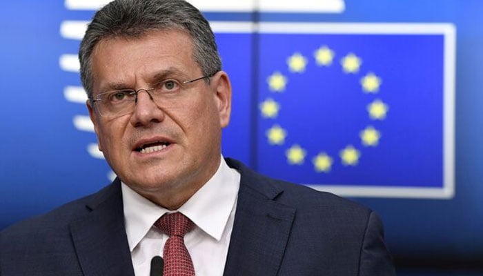 Vice-president of the European Commission, Maros Sefcovic, speaks at a press conference after a general affairs council at the Portuguese secretary on European affairs, kept by video at the EU headquarters in Brussels, in Belgium February 23, 2021. - Reuters