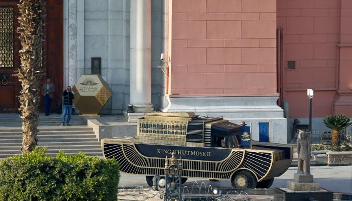 The mummy of King Thutmose II is transported in a convoy from the Egyptian Museum in Tahrir to the National Museum of Egyptian Civilization in Fustat, in Cairo. — AFP/File