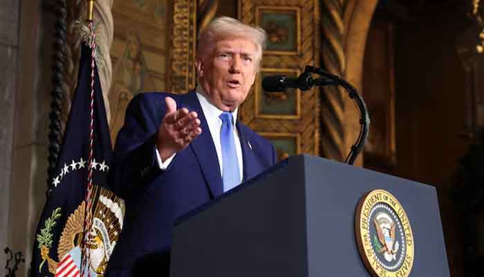 US President Donald Trump gestures as he speaks at Mar-a-Lago in Palm Beach, Florida, US, February 18, 2025. — Reuters