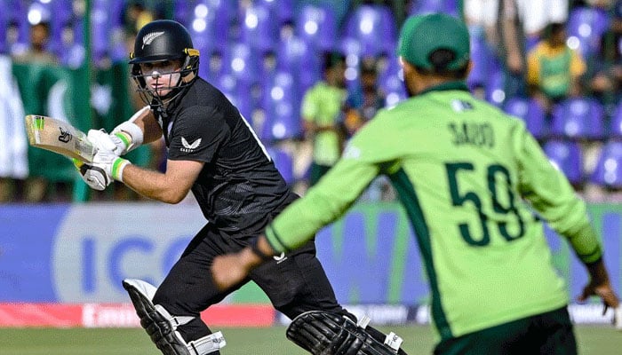 New Zealands Tom Latham plays a shot during Champions Trophy opener against Pakistan at the National Bank Stadium in Karachi on February 19, 2025. — AFP