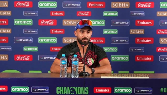 Afghanistan captain Hashmatullah Shahidi speaks at a press conference at the National Bank Stadium in Karachi on February 20, 2025. — ICC