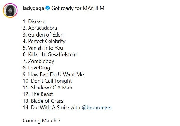 Lady Gaga unveils ‘Mayhem release date and track list