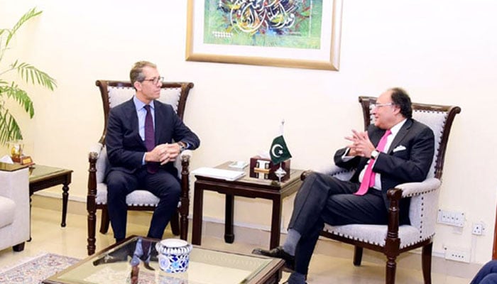 Federal Minister for Finance and Revenue Senator Muhammad Aurangzeb (right) exchanges views with IMFs Resident Chief Mahir Binici during a meeting at the Finance Division in Islamabad on December 5, 2024. — APP