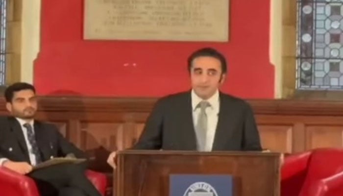 PPP Chairman Speaks at  Annual Benazir Bhutto Memorial Lecture at Oxford Union on February 20, 2025. — Screengrab via Geo News