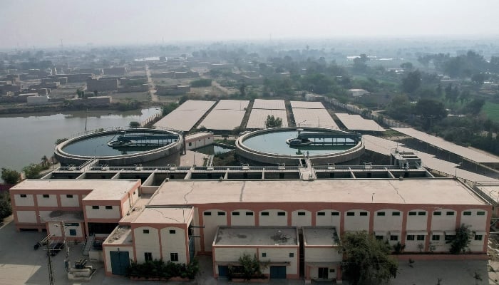 An aerial view shows the USAID-funded non-profit HANDS water supply plant in Jacobabad on February 18, 2025. — AFP