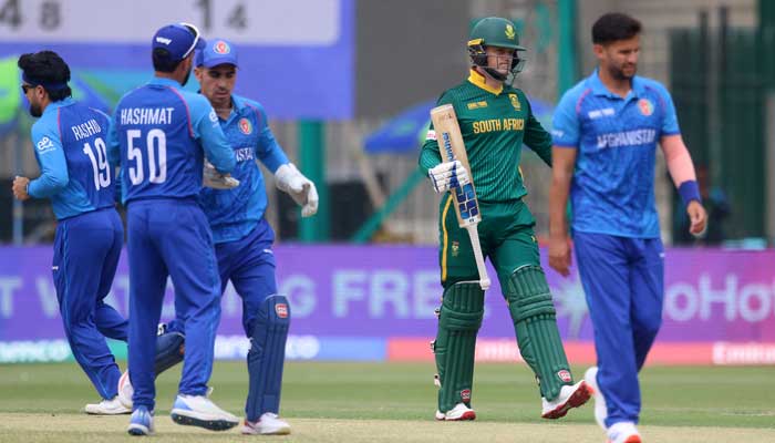 South Africas Ryan Rickleton reacts during an ICC Mens Champions Trophy match against Afghanistan at National Stadium, Karachi on February 21, 2025. — Reuters