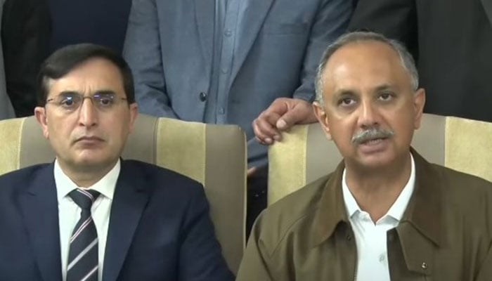 PTI Chairman Barrister Gohar (left) and NA Opposition Leader Omar Ayub speak to the media during a press conference on February 21, 2025. — Screengrab via Geo News