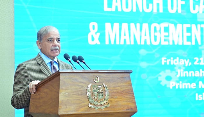 Prime Minister Shehbaz Sharif addresses the launching ceremony of the Case Assignment and Management System in Islamabad on February 21, 2025. — PID