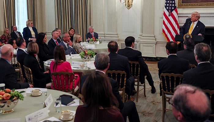 Maine Governor Janet Mills stands as U.S. President Donald Trump speaks during a business session with US governors who are in town for the National Governors Associations (NGA) annual winter meeting, at the White House in Washington, D.C., US, February 21, 2025. — Reuters