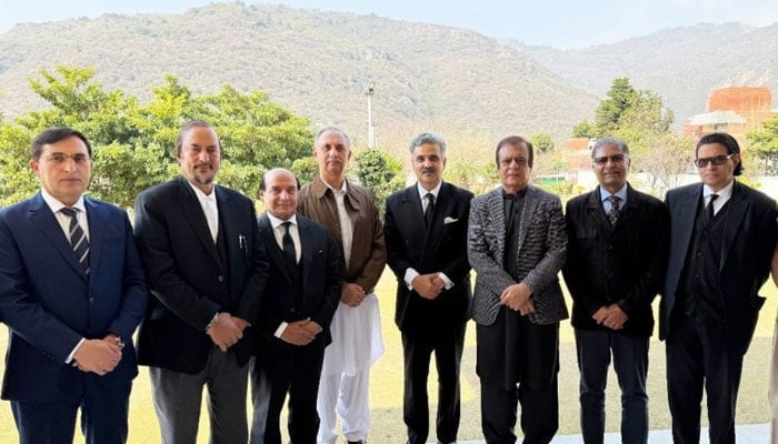 PTI delegation comprising Chairman Barrister Gohar, National Assembly Opposition Leader Omar Ayub along with other party leaders pose with CJP Yahya Afridi (fourth right) on February 21, 2025. — SC website