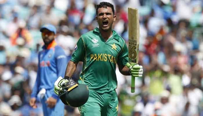 Pakistans Fakhar Zaman celebrates his century against India during the Champions Trophy 2017 final. — AFP/File