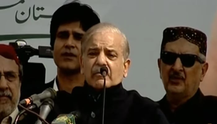 Prime Minister Shehbaz Sharif addresses mass gathering in Dera Ismail Khan on February 22, 2025, in this still taken from a video. — GeoNewsLive/YouTube