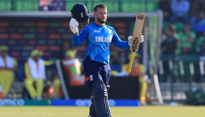 Englands Ben Duckett celebrates after reaching his century during ICC Mens Champions Trophy Group B encounter against Australia at Gaddafi Stadium, Lahore on February 22, 2025. — Reuters