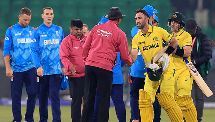 Australias Glenn Maxwell shakes hands with with the umpires after winning the match against England during the ICC Champions Trophy 2025 at Gaddafi Stadium, Lahore, on February 22, 2025. — Reuters