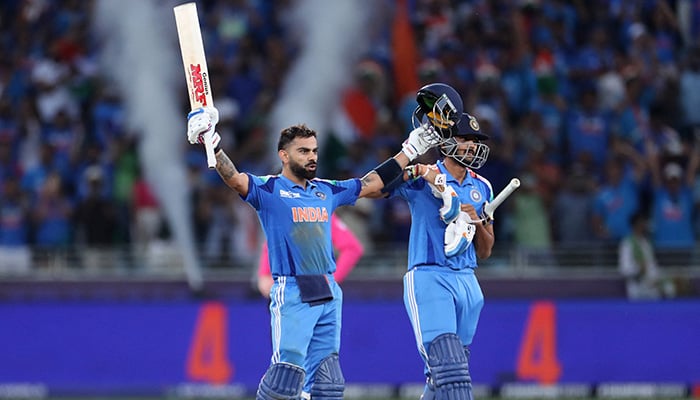 Indias Virat Kohli celebrates after hitting four runs to reach his century and win the match during the ICC Champions Trophy 2025 match between Pakistan and India at Dubai Cricket Stadium on February 23, 2025. — Reuters