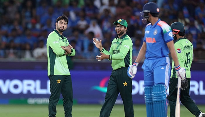 Pakistans Abrar Ahmed celebrates after taking the wicket of Indias Shubman Gill during the ICC Champions Trophy 2025 match between Pakistan and India at Dubai Cricket Stadium on February 23, 2025. — Reuters